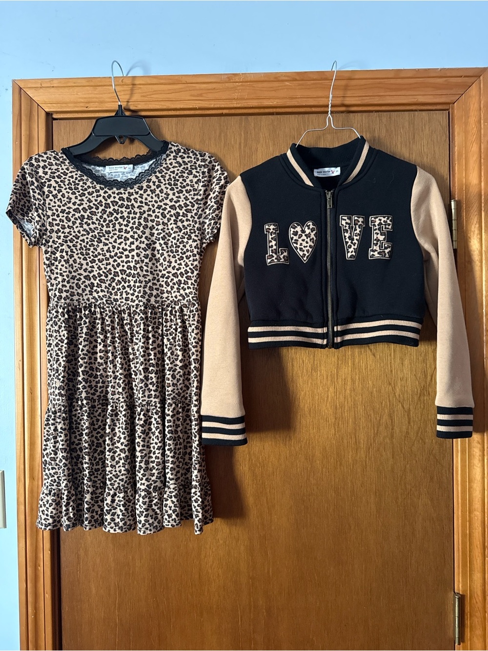Kids Leopard Print Dress and 'LOVE' Bomber Jacket Set - Beige/Black